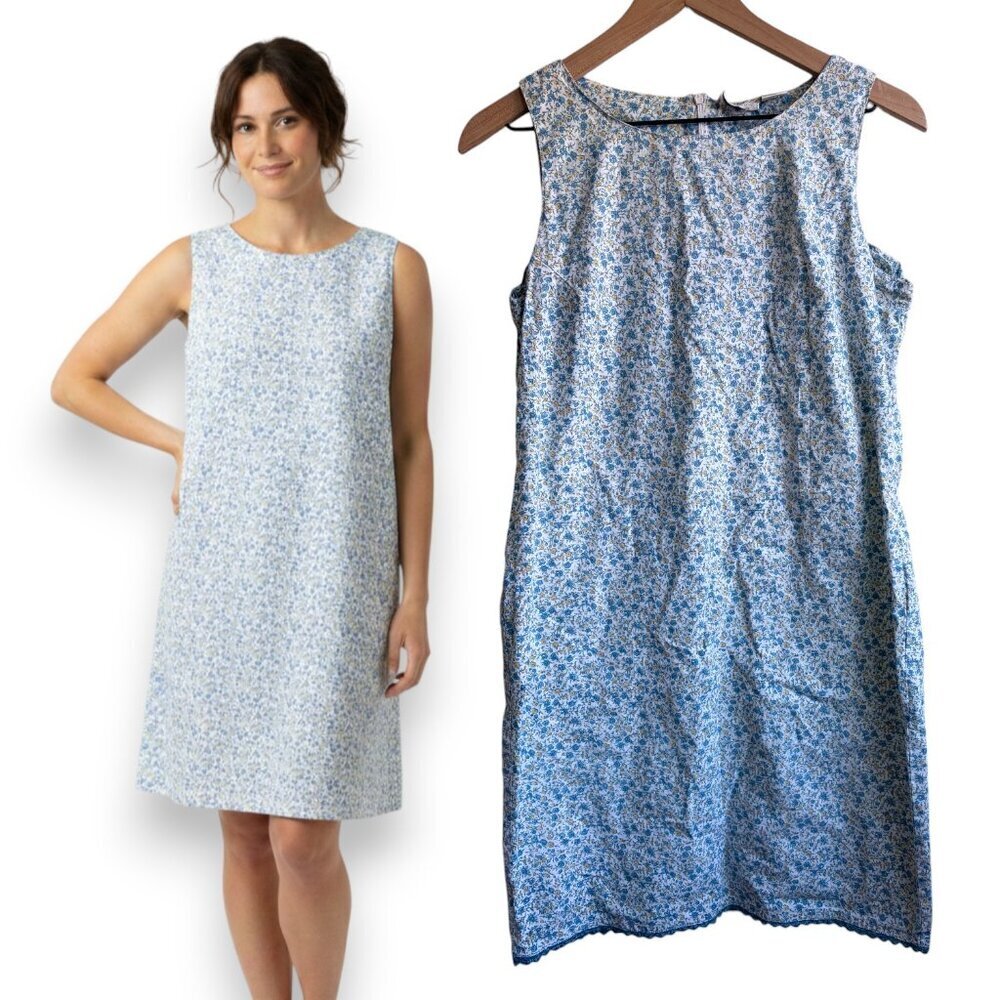 Vintage Floral Cotton Sheath Dress Large Blue Paradise NY